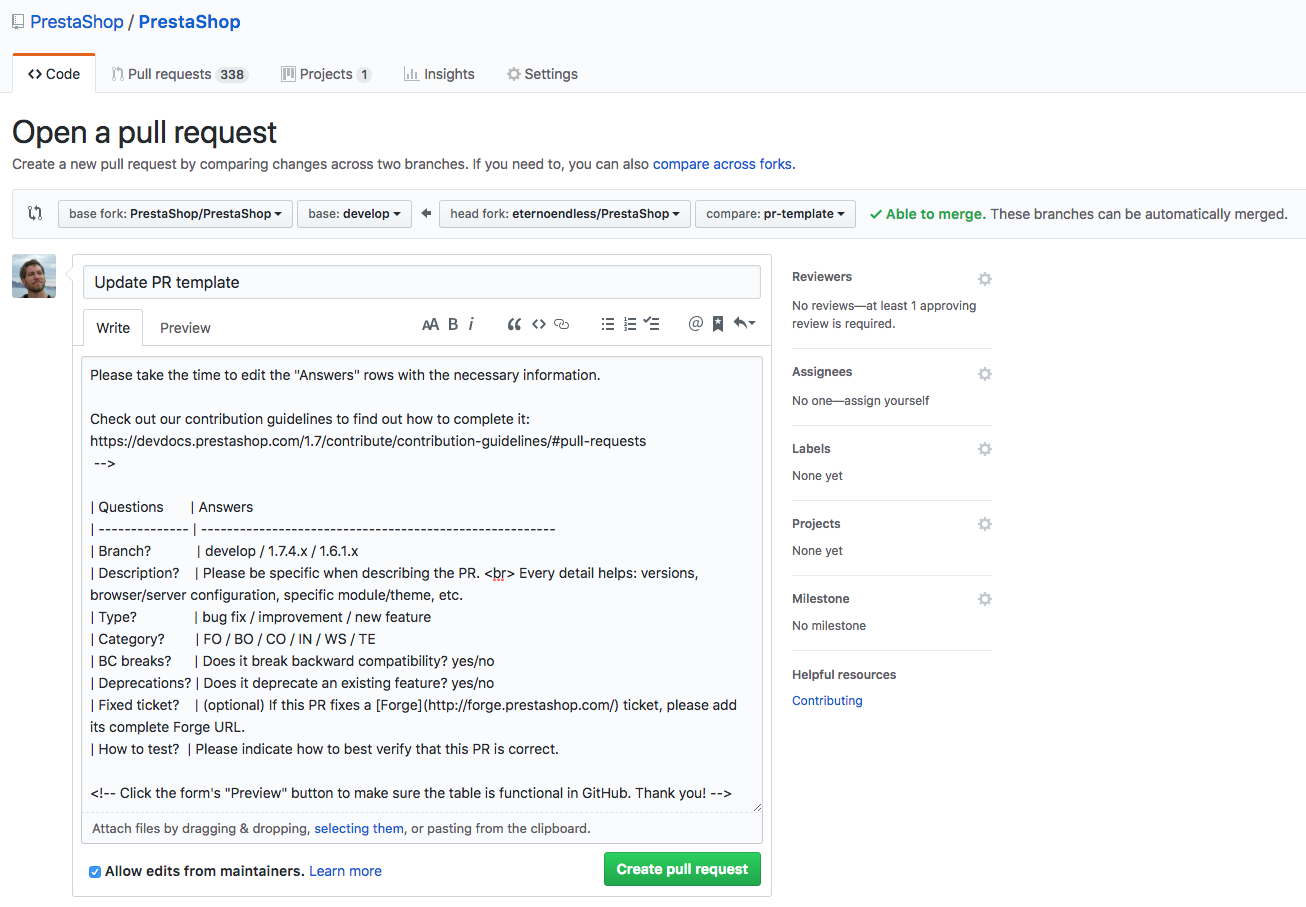 Screenshot of the New Pull Request Form