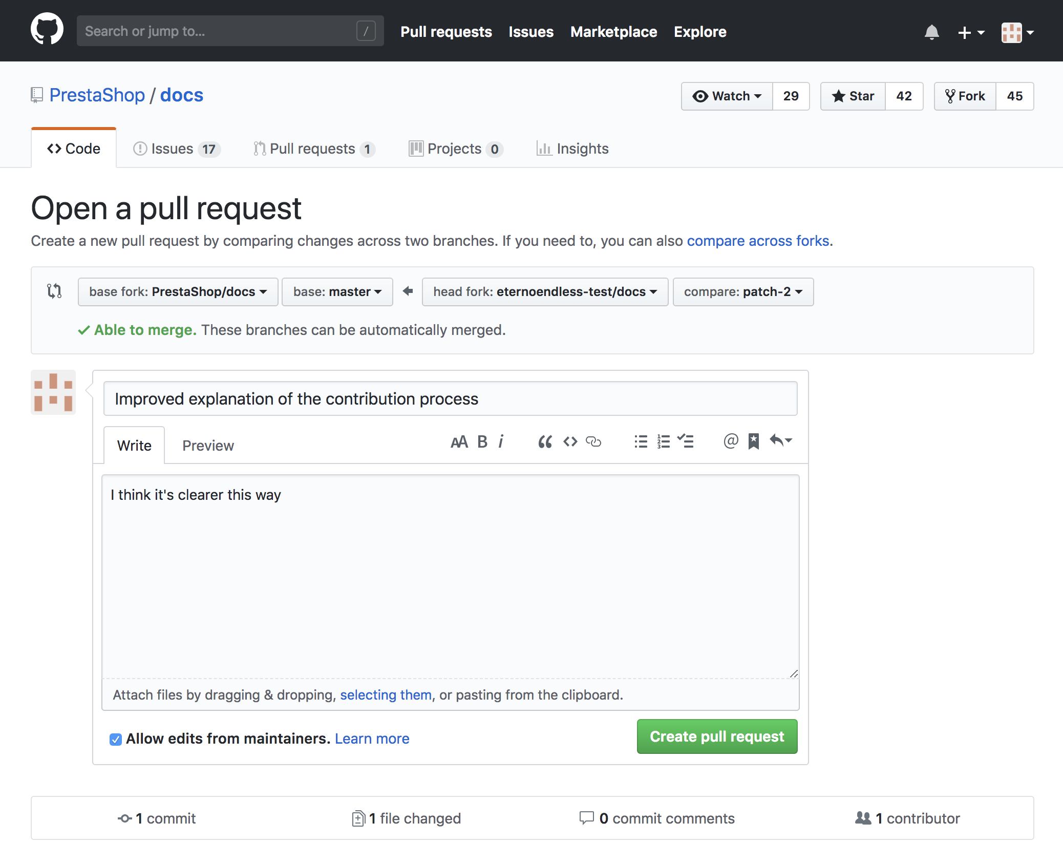 Capture of the Pull request GitHub